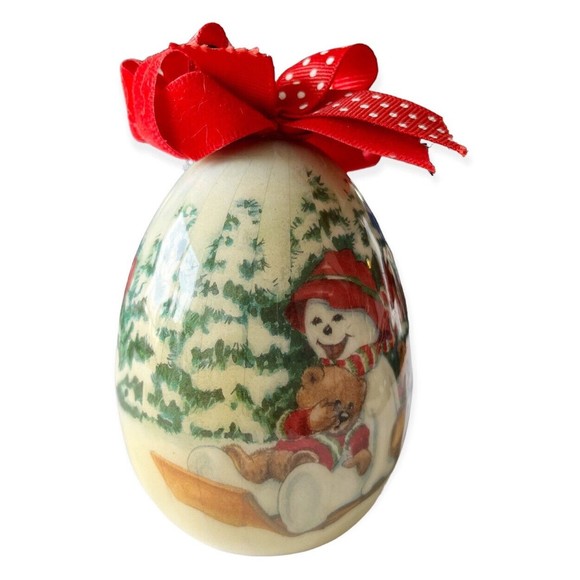 Teddy Bear Snowman Egg Christmas Ornament Patricia Reach Tomorrow Today Bow USA - Picture 1 of 6